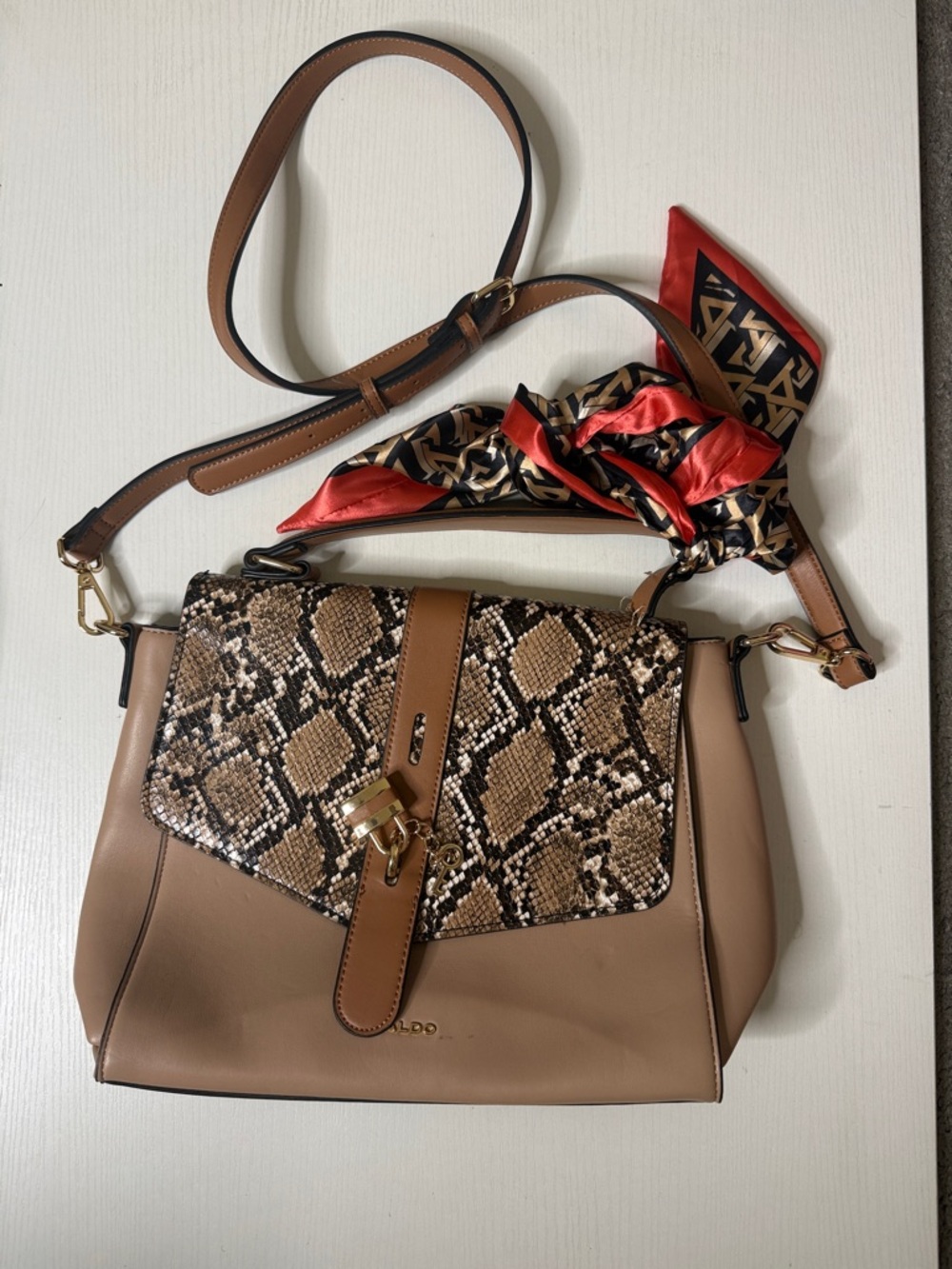 Aldo Taupe Snake-Print Shoulder Bag with Red Scarf Accent